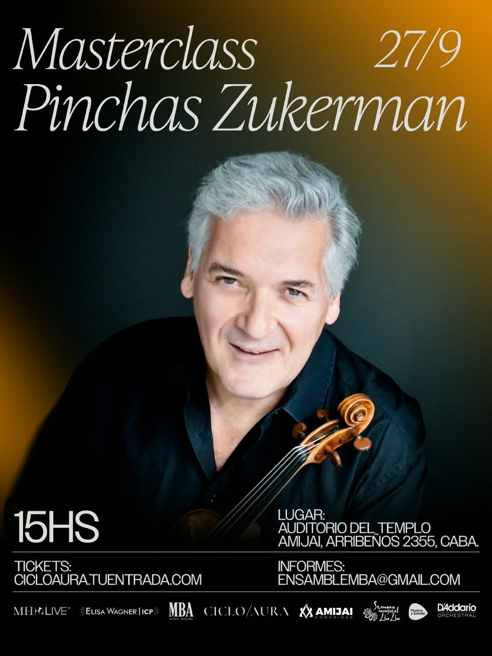 Masterclass Pinchas Zukerman, 27/9, 15hs, Auditorio del Templo Amijai, Arribeños 2355, CABA